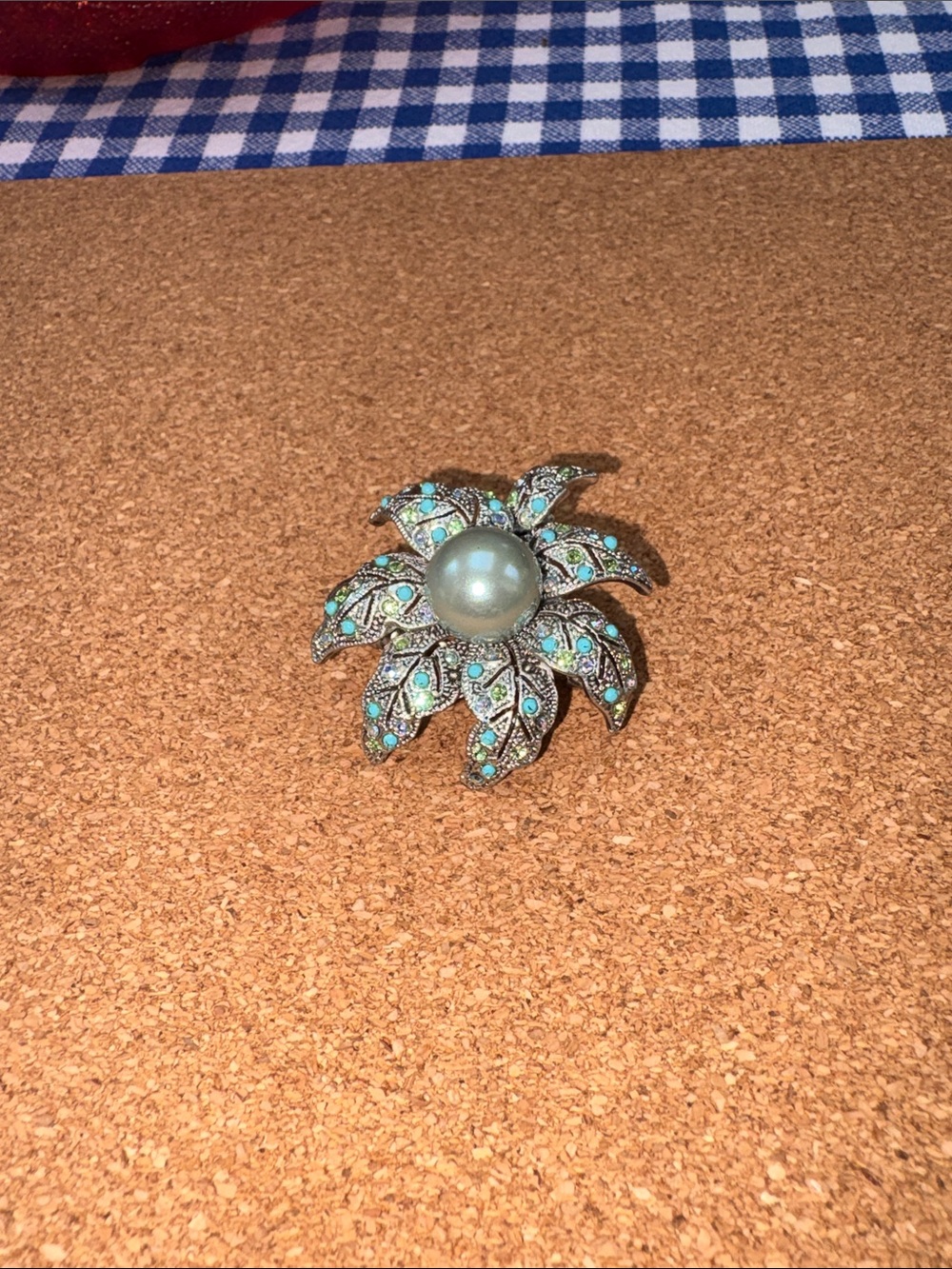 Pearl-Center Floral Brooch with Teal Crystal Accents